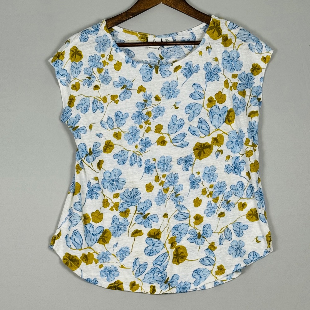 Joie Floral Linen Top Women Large Blue Olive Green Excellent Cap Sleeve Shirt